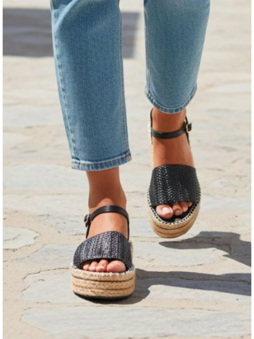 Chase + Chloe Black Woven Straw Platform Sandals With Adjustable Strap Womens Si